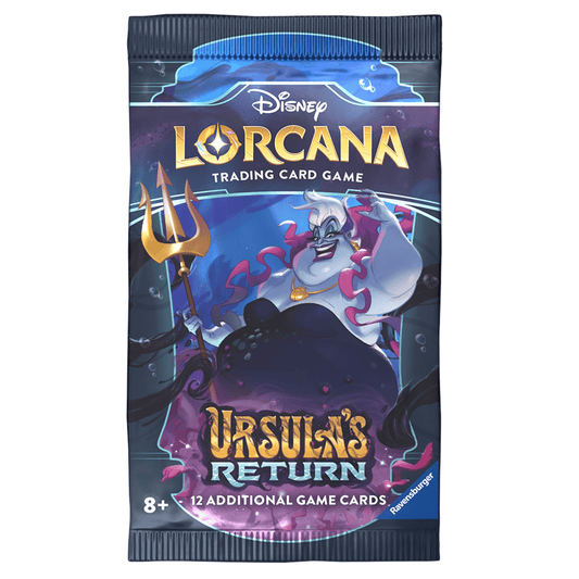 Disney Lorcana trading card game pack featuring Ursula's Return. Ursula holds a golden trident.