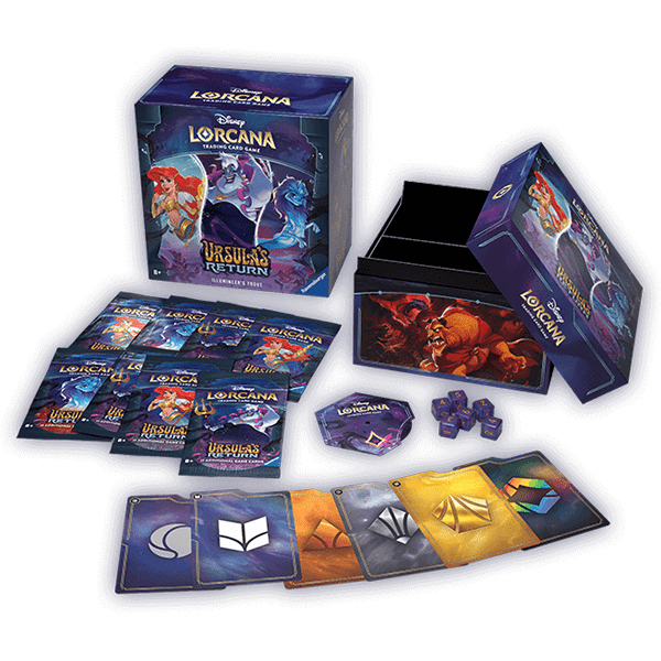 A set of Disney Lorcana Ursula's Return trading card game, with card packs, dice, and character cards laid out on a white surface.