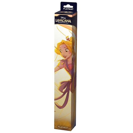 Box of a Disney Lorcana trading card game playmat featuring Rapunzel.