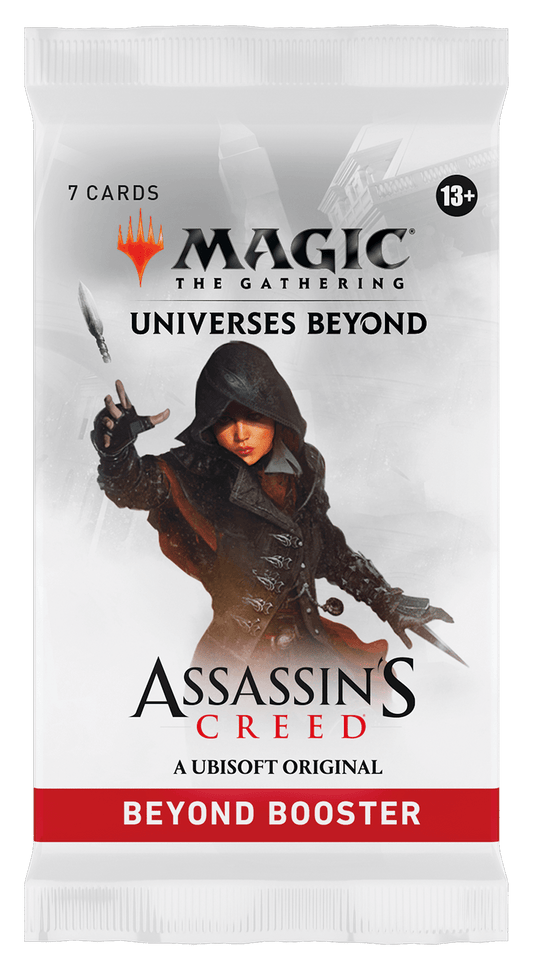 A booster pack for Magic: The Gathering with the Assassin's Creed logo.