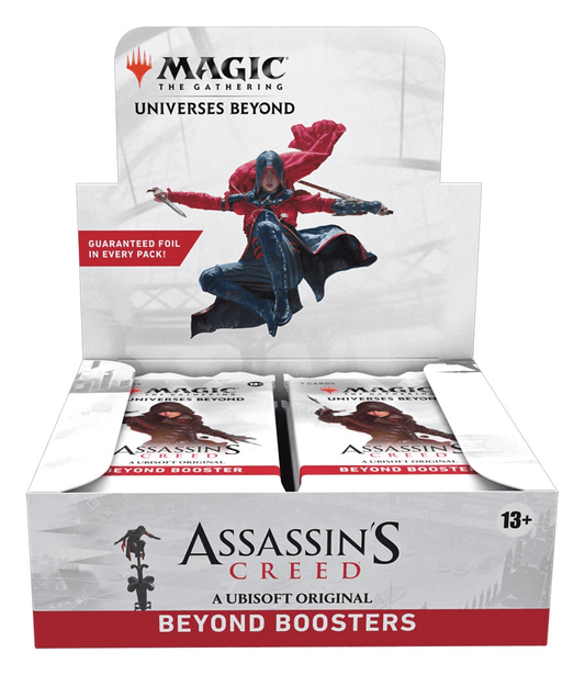 A display box for Magic: The Gathering and Assassin's Creed crossover cards, featuring a character in a red and black outfit with a hood.
