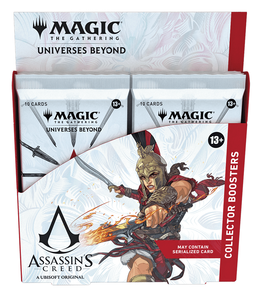 Magic: The Gathering Assassin's Creed Collector Boosters box with card packs featuring a character holding a sword and a torch.