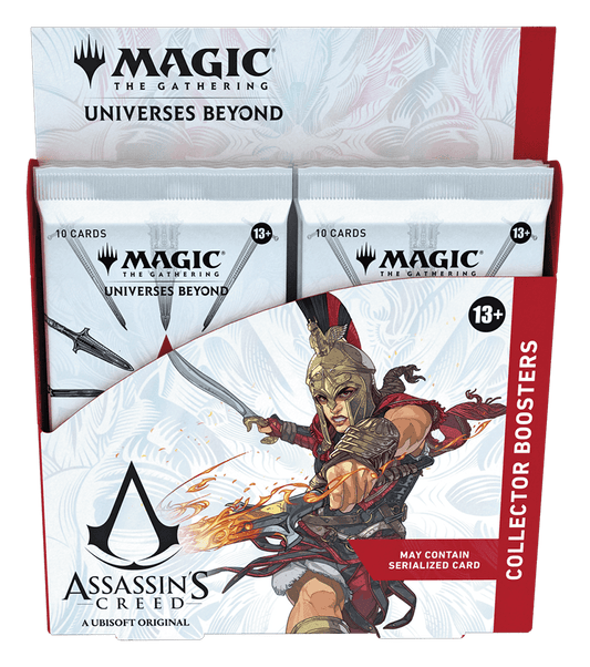 Magic: The Gathering Assassin's Creed Collector Boosters box with card packs featuring a character holding a sword and a torch.
