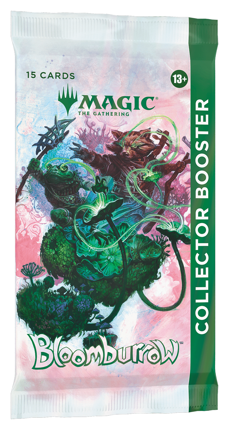 Sealed Bloomborrow Collector Booster Pack. Frog and racoon-like characters, green magic energy, pink background, green stripe.