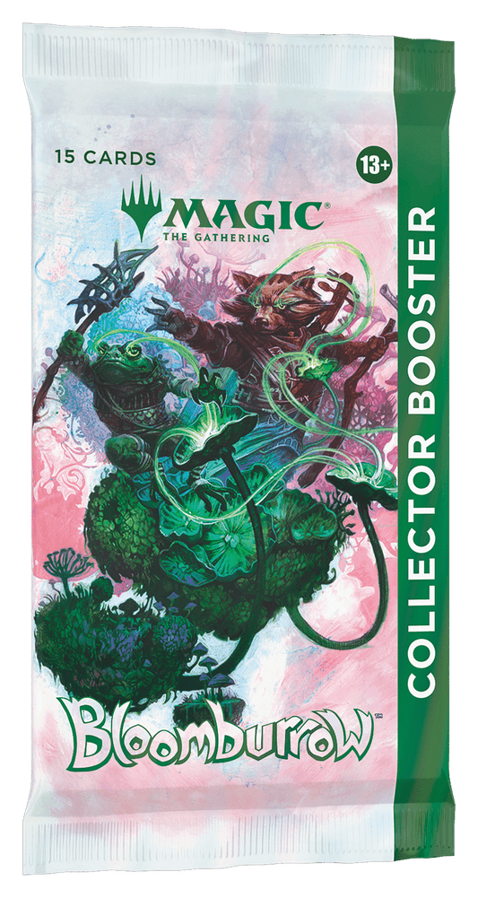 Sealed Bloomborrow Collector Booster Pack. Frog and racoon-like characters, green magic energy, pink background, green stripe.