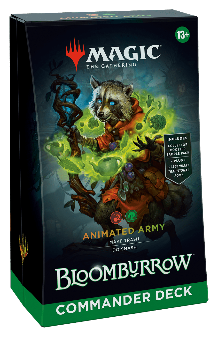 A "Magic: The Gathering" BloomBurrow Commander Deck. It is a black box featuring a raccoon wearing clothes and holding a staff.
