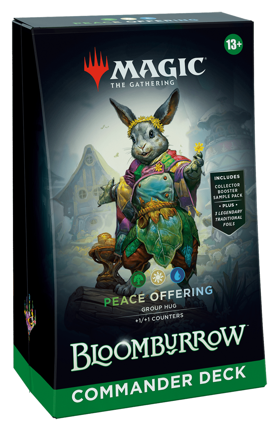 Box of Magic: The Gathering Bloomborrow Commander Deck, featuring anthropomorphic bunny wearing colorful clothes and holding flower.