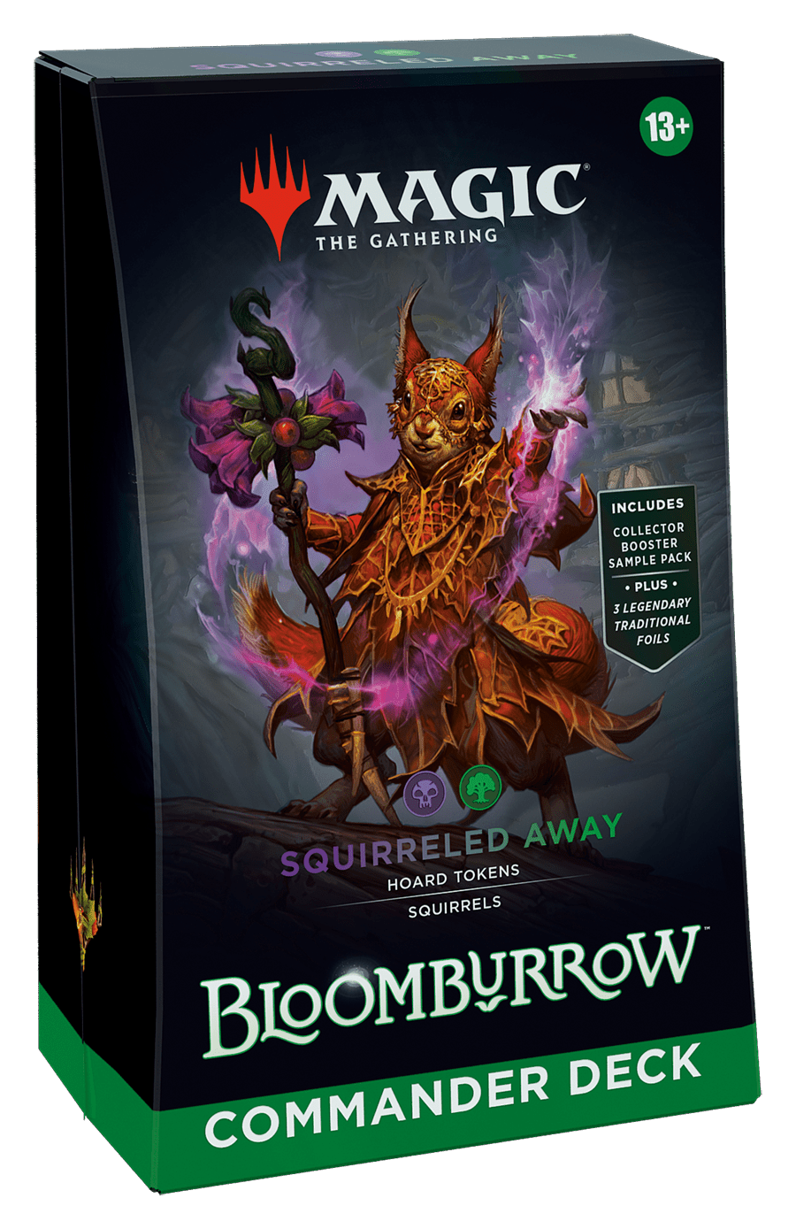 A Magic: The Gathering "Bloomborrow" Commander Deck box features a squirrel mage holding a staff with pink flowers.