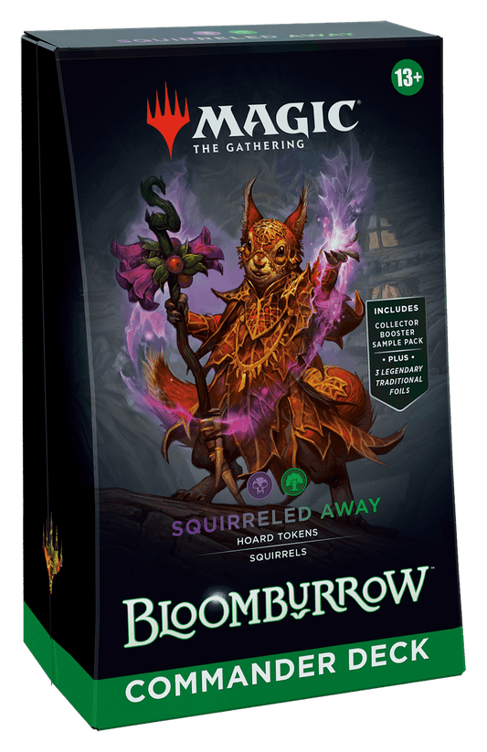A Magic: The Gathering "Bloomborrow" Commander Deck box features a squirrel mage holding a staff with pink flowers.
