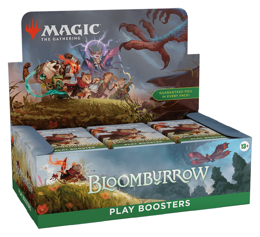 A retail display box of Magic: The Gathering's "Bloomburrow Play Boosters", depicting furry humanoid adventurers.