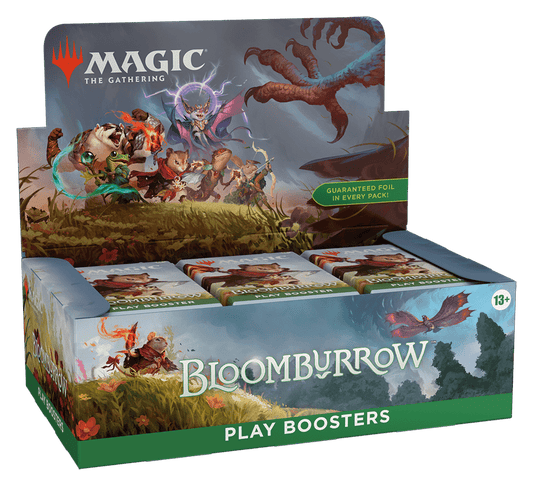 A retail display box of Magic: The Gathering's "Bloomburrow Play Boosters", depicting furry humanoid adventurers.