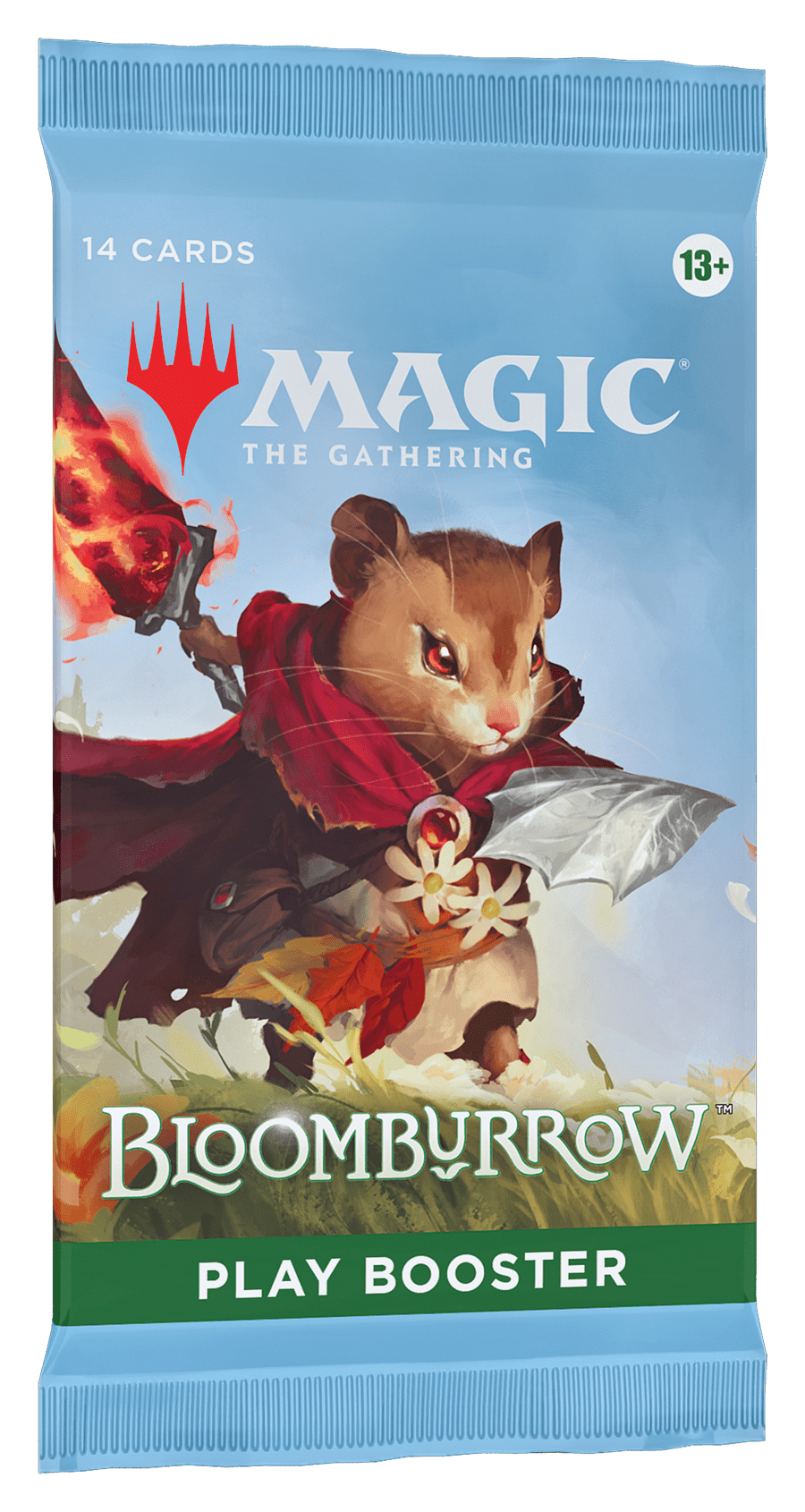 A sealed pack of Magic: The Gathering - Bloomburrow play booster with a mouse adventurer wielding a flaming sword.