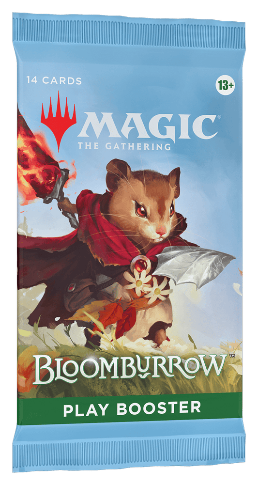 A sealed pack of Magic: The Gathering - Bloomburrow play booster with a mouse adventurer wielding a flaming sword.