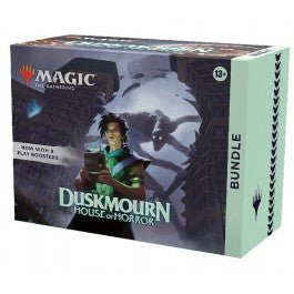 Here are some concise and descriptive alt tags for the image, focusing on visual details:

*   Magic: The Gathering Duskmoor Bundle, illustration of a man holding a book with a creature behind him
*   Duskmoor House of Horror MTG bundle with the bundle logo and a horror illustration
*   MTG bundle featuring a portrait of a person with a creature lurking in the background