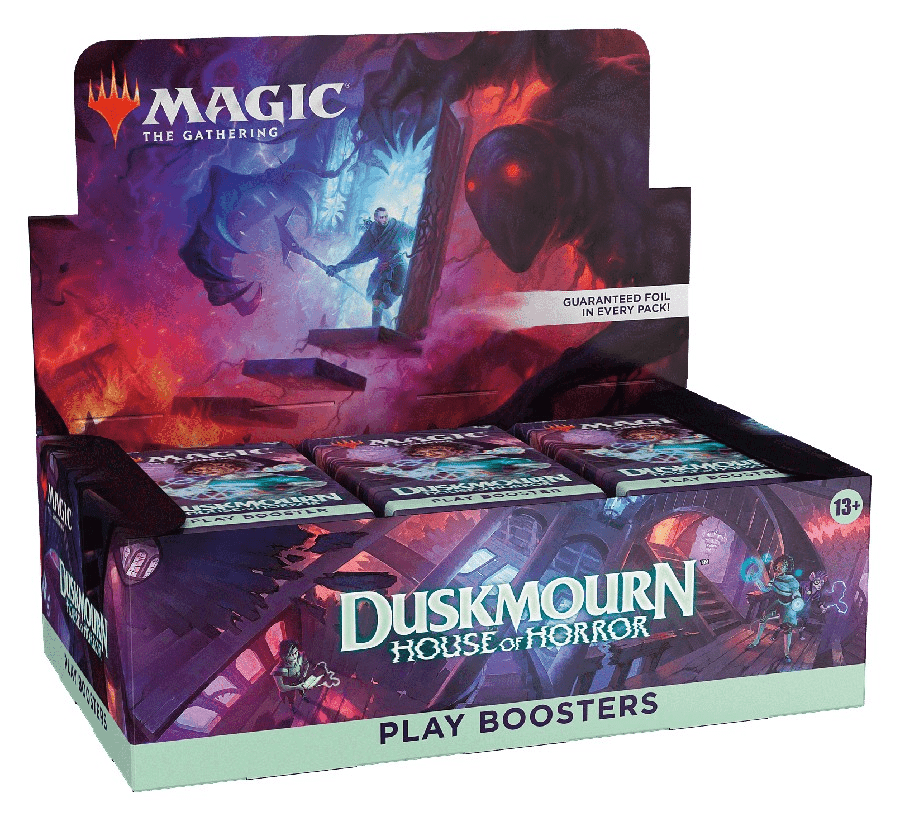 A box of Magic: The Gathering "Duskmoore House of Horror" play boosters.