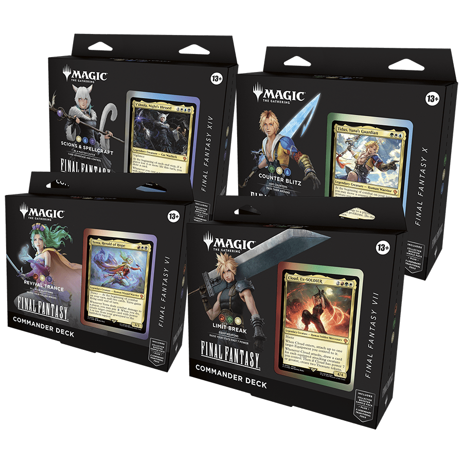 Four Magic: The Gathering - Final Fantasy Commander Decks with packaging featuring characters and themes from the Final Fantasy series.