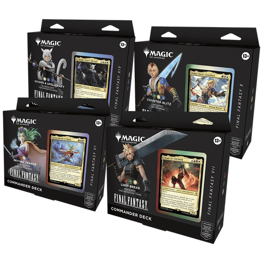 Four Magic: The Gathering - Final Fantasy Commander Decks with packaging featuring characters and themes from the Final Fantasy series.