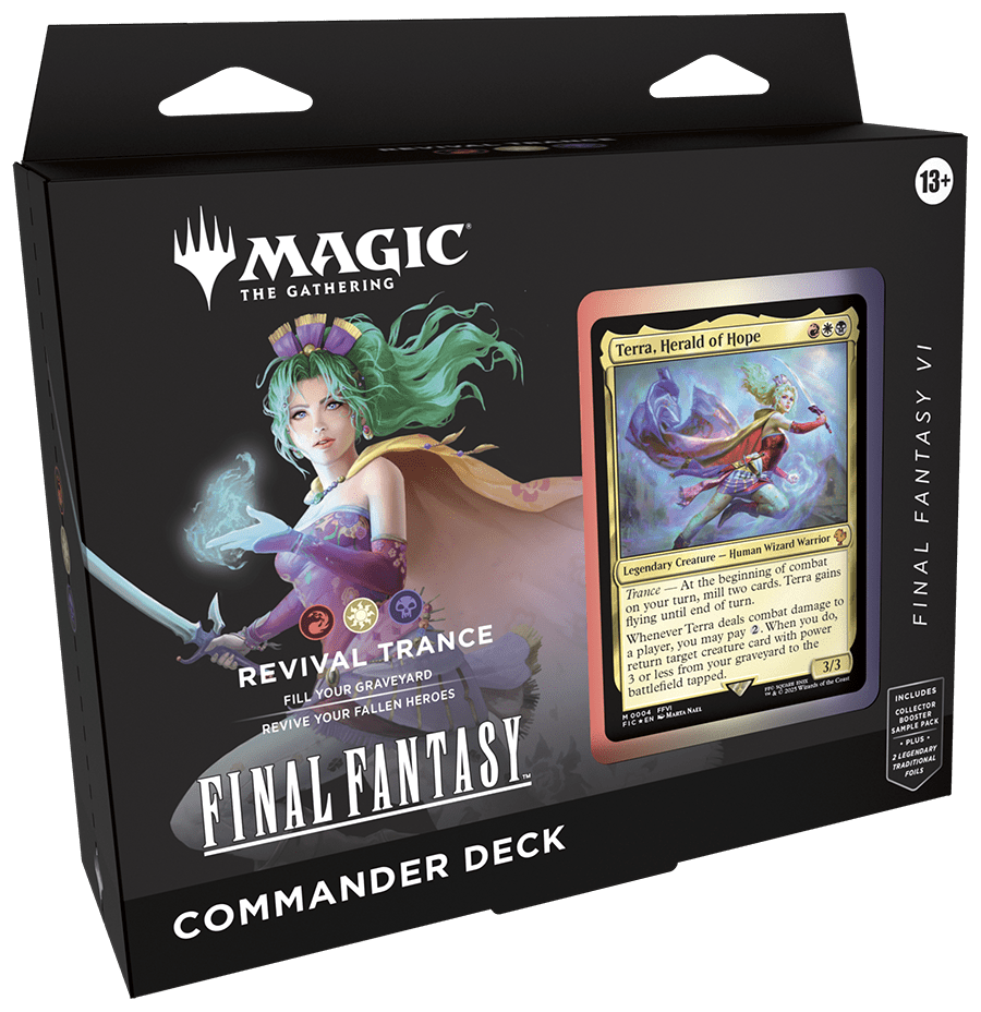 Four Magic: The Gathering - Final Fantasy Commander Decks with packaging featuring characters and themes from the Final Fantasy series.