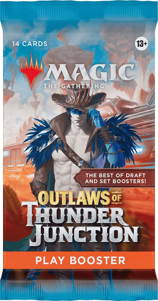 A Magic the Gathering "Outlaws of Thunder Junction" Play Booster pack featuring a bare-chested character with blue skin and a cowboy hat.