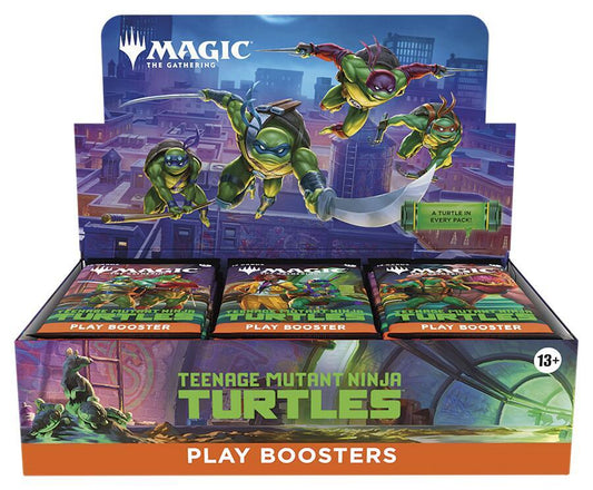 Box of 'Magic: The Gathering' Teenage Mutant Ninja Turtles play boosters with turtles on a rooftop.