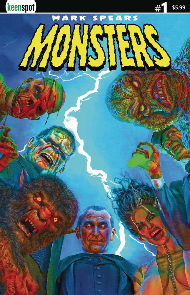 Comic book cover featuring classic movie monsters like Frankenstein, a mummy, and a werewolf in a horror-themed artwork.