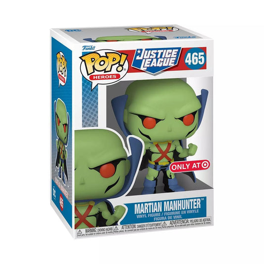 Martian Manhunter Funko Pop toy in box. The character is green with red eyes and a blue cape.