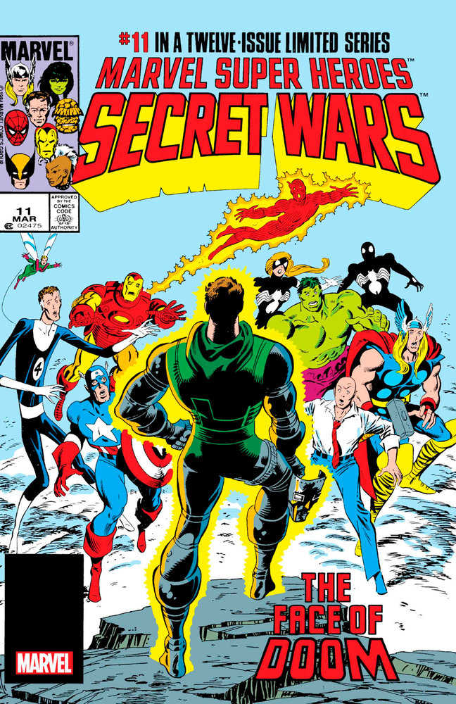 Comic book cover featuring Marvel Super Heroes Secret Wars #11. Doom stands with back to viewer. Superhero characters including Hulk, Iron Man, Thor, Captain America. Title: "The Face of Doom." 

