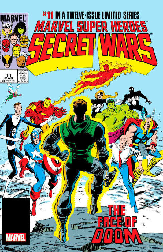 Comic book cover featuring Marvel Super Heroes Secret Wars #11. Doom stands with back to viewer. Superhero characters including Hulk, Iron Man, Thor, Captain America. Title: "The Face of Doom." 
