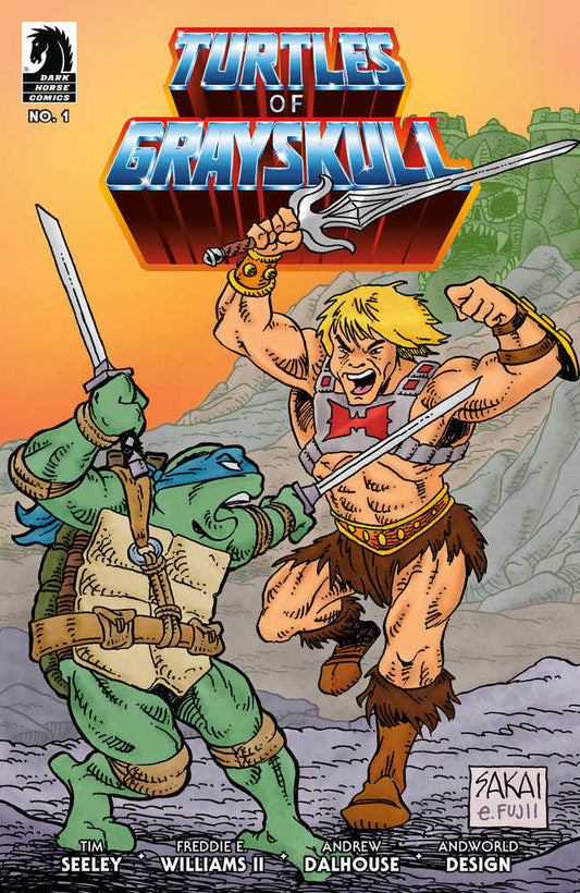 Comic book cover of "Turtles of Grayskull #1" featuring He-Man fighting a Teenage Mutant Ninja Turtle.