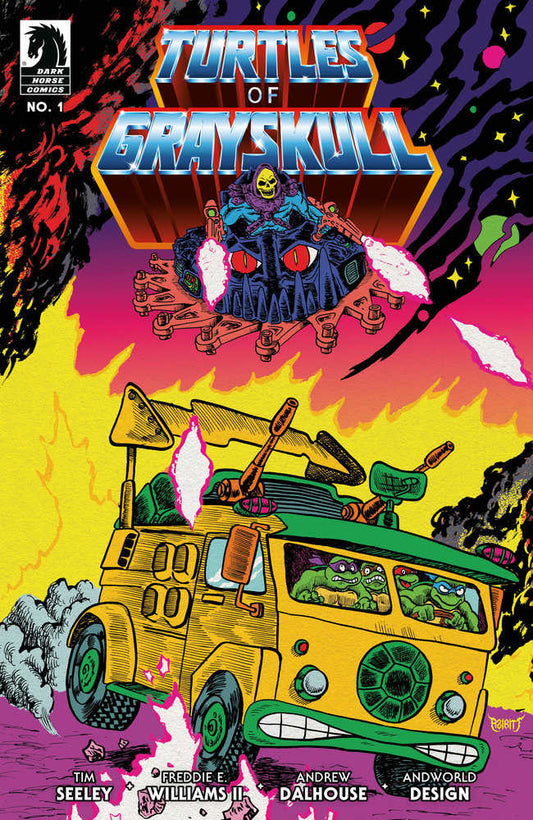 Comic book cover titled "Turtles of Grayskull" featuring the Teenage Mutant Ninja Turtles in a yellow van battling Skeletor in his vehicle.