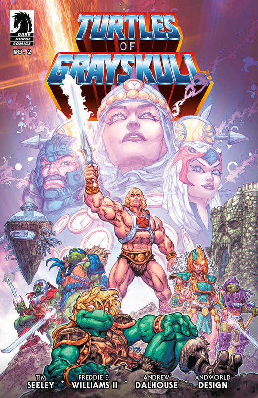 Comic book cover art depicting Teenage Mutant Ninja Turtles in Masters of the Universe attire.