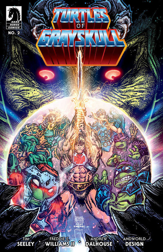 Comic book cover depicting He-Man and the Teenage Mutant Ninja Turtles raising the Sword of Grayskull in front of Grayskull.