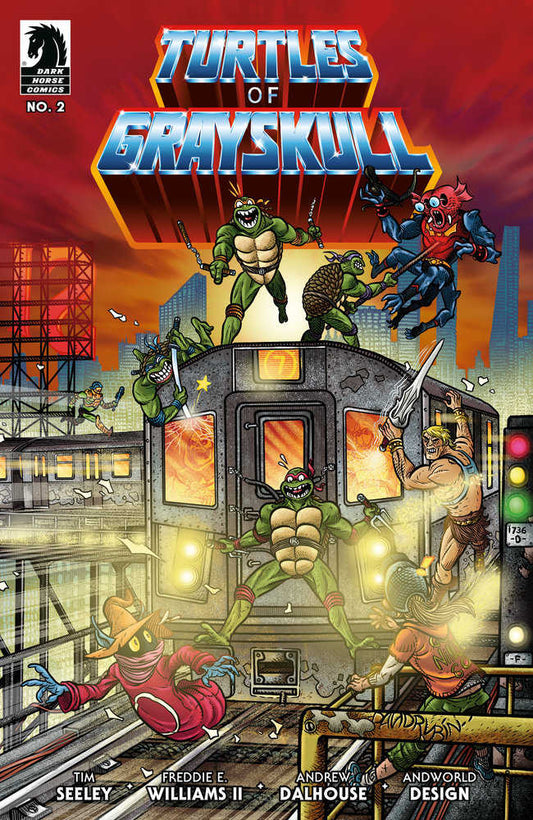 Comic book cover with "Turtles of Grayskull" title, featuring Teenage Mutant Ninja Turtles and Masters of the Universe characters on a subway car.