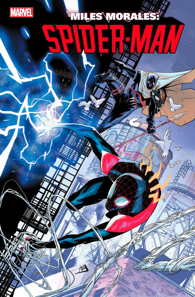 Comic book cover art depicting Spider-Man swinging through a cityscape with another hero in the background, complete with lightning effects and title text.