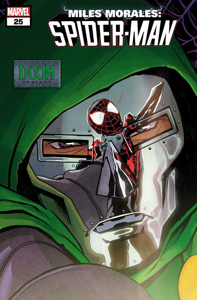 Comic book cover for Miles Morales: Spider-Man #25, featuring Spider-Man reflected in the mask of Doctor Doom. Doom Variant cover.