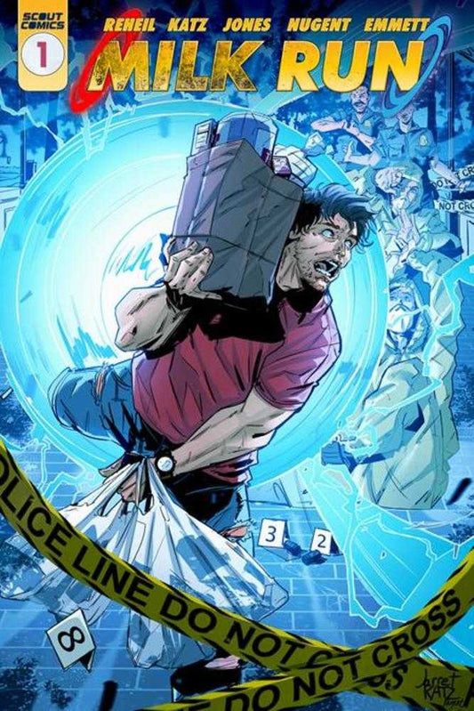 Comic book cover featuring a man carrying a heavy box.
