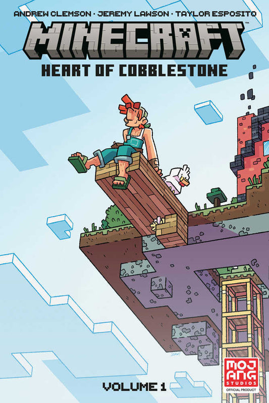Comic book cover: "Minecraft: Heart of Cobblestone, Volume 1."  A red-haired figure in blue overalls sits on a wooden plank jutting from a floating Minecraft island. A chicken stands beside them. The sky is blue with blocky clouds.  Minecraft logo and author names are at the top. Mojang Studios logo is at the bottom.

