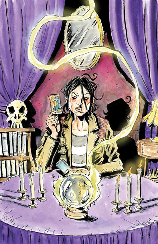 Illustration of a woman with tarot cards and a crystal ball surrounded by candles, set against purple curtains and a skull.