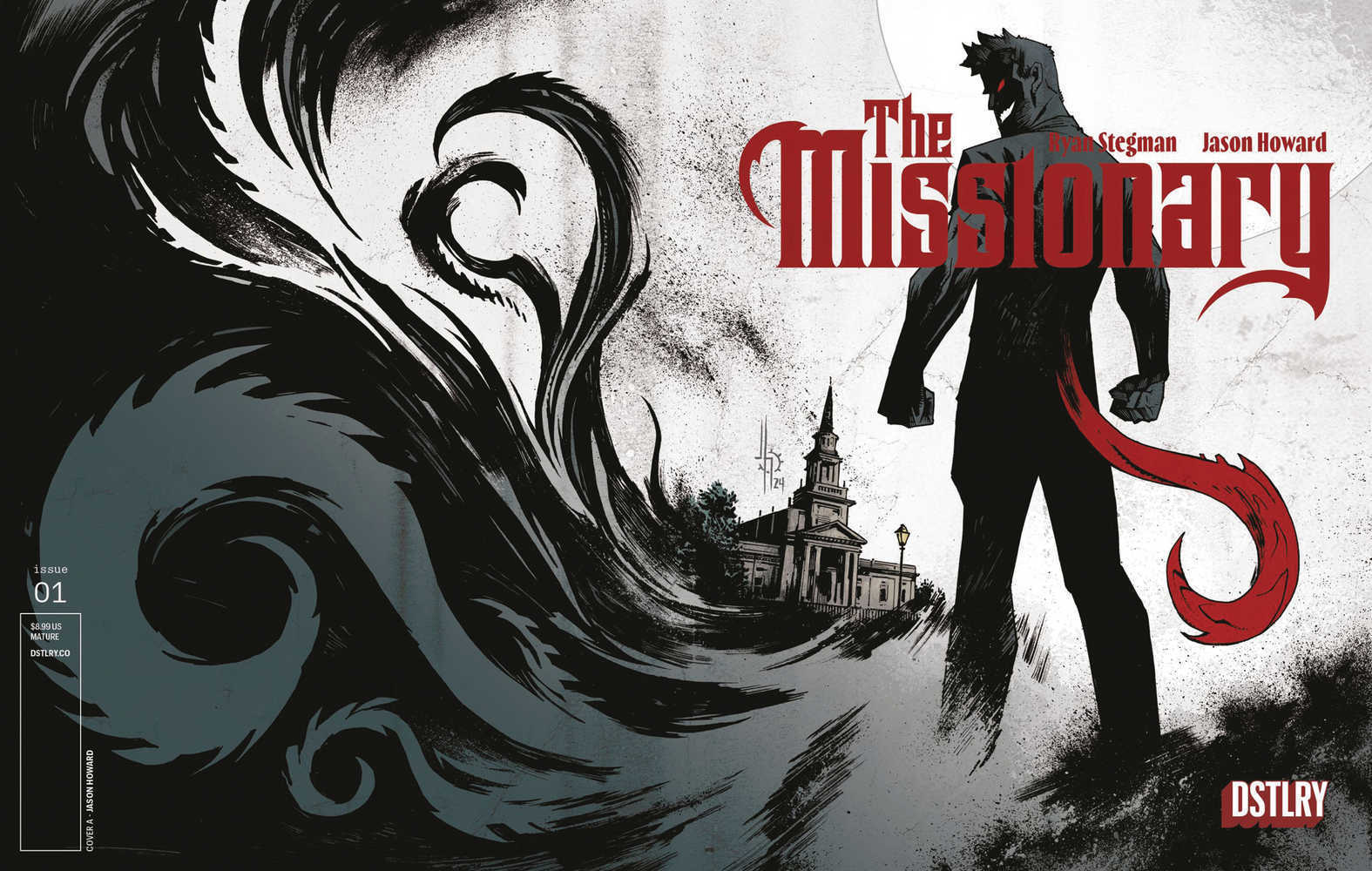 Comic book cover featuring a dark figure with a red tail standing in front of a church, stylized with black, white, and red colors.