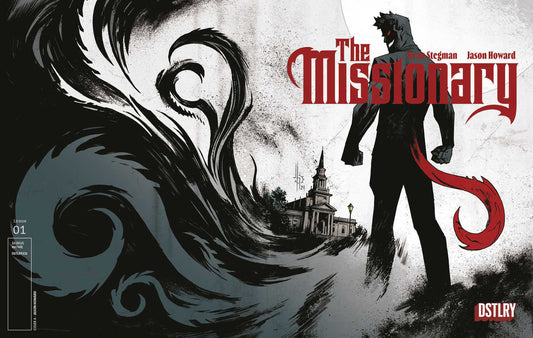 Comic book cover featuring a dark figure with a red tail standing in front of a church, stylized with black, white, and red colors.