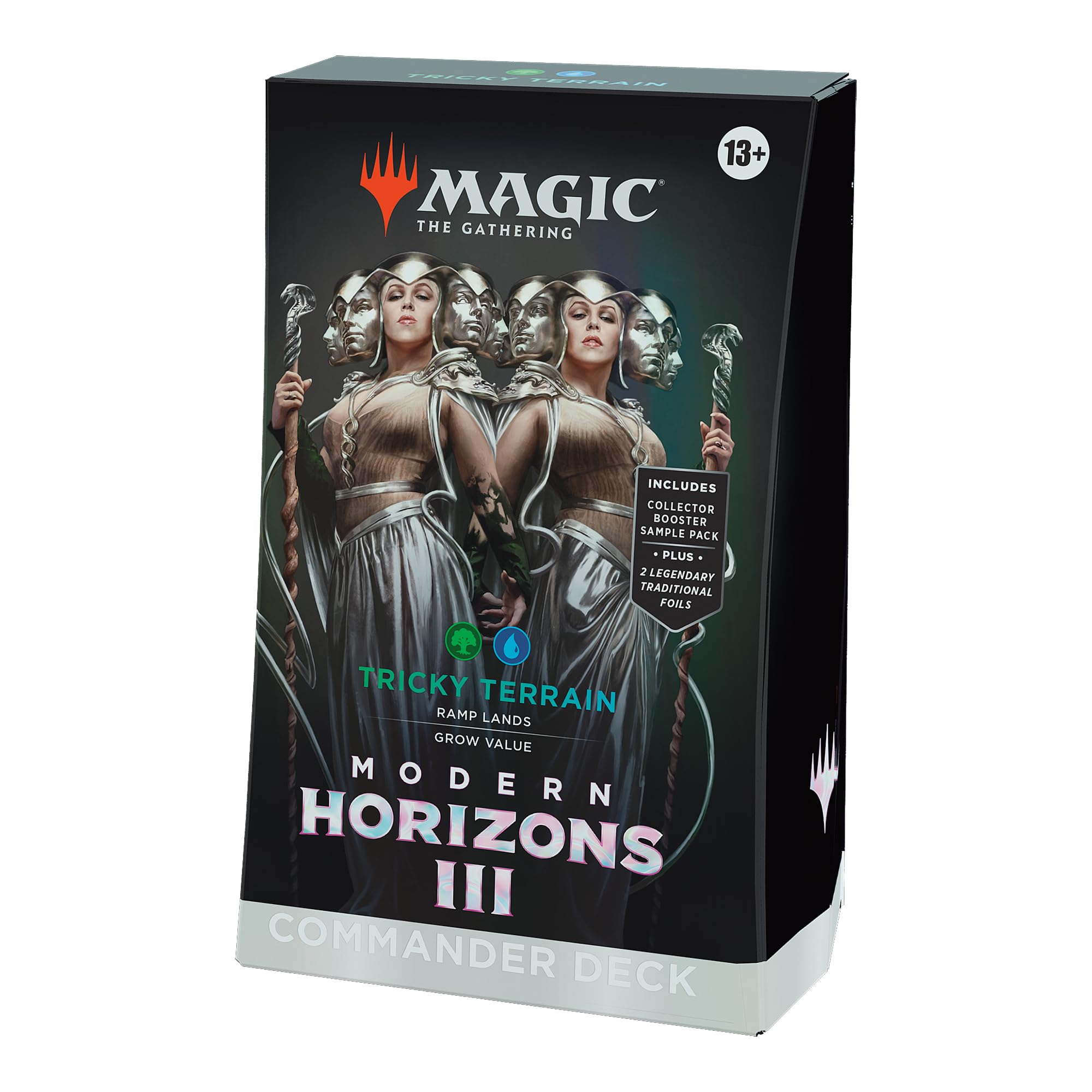 A Magic: The Gathering Commander Deck for Modern Horizons III, titled "Tricky Terrain," featuring silver-toned figures holding staffs.