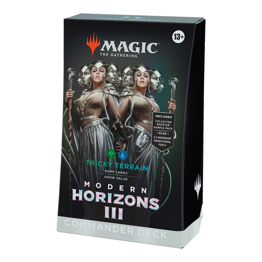 A Magic: The Gathering Commander Deck for Modern Horizons III, titled "Tricky Terrain," featuring silver-toned figures holding staffs.