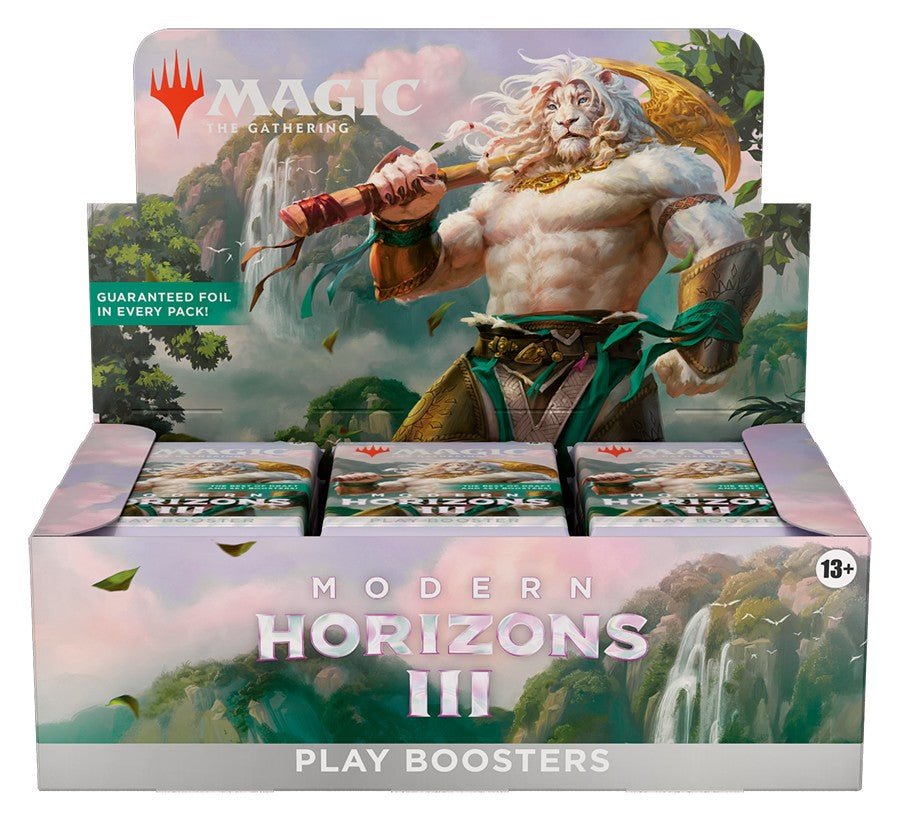 Magic: The Gathering Modern Horizons III play booster box, featuring a white-furred lion warrior wielding a golden axe against a waterfall background.