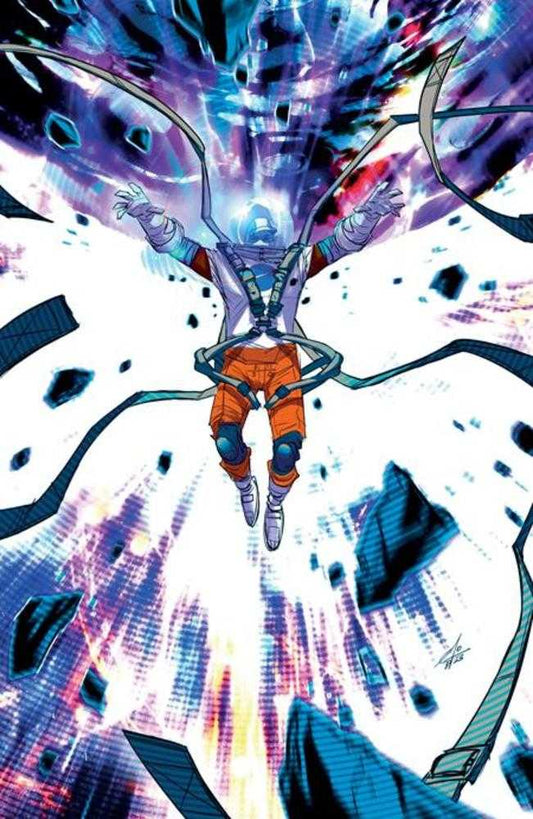 Comics illustration of an astronaut with arms spread in a psychedelic space scene.