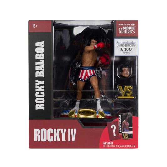 A still, eye-level studio shot displays a boxed Rocky IV action figure. Rocky is posed shirtless with red boxing gloves, red, white, and blue striped shorts, and white socks. The box says, "Authenticated, Limited Edition of 6,100 Pieces", "Rocky Balboa", and "Rocky IV."