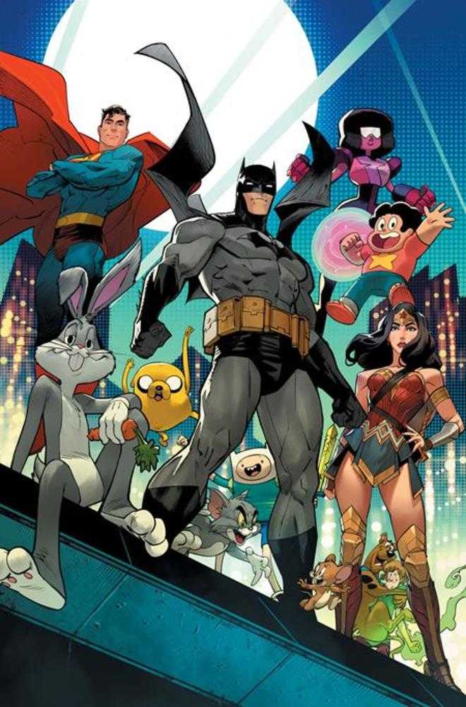 Comic book cover featuring various cartoon and superhero characters, including Batman, Superman, Wonder Woman, Bugs Bunny, Tom and Jerry, and characters from Adventure Time and Steven Universe.