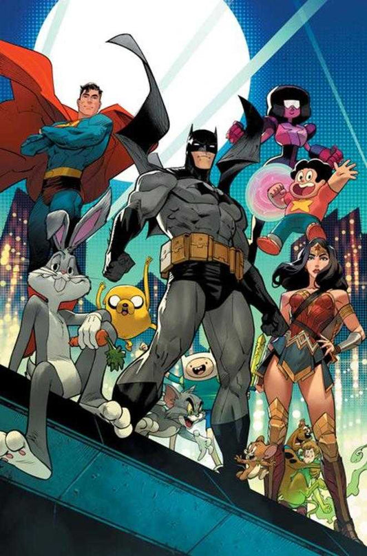 Comic book cover featuring various cartoon and superhero characters, including Batman, Superman, Wonder Woman, Bugs Bunny, Tom and Jerry, and characters from Adventure Time and Steven Universe.