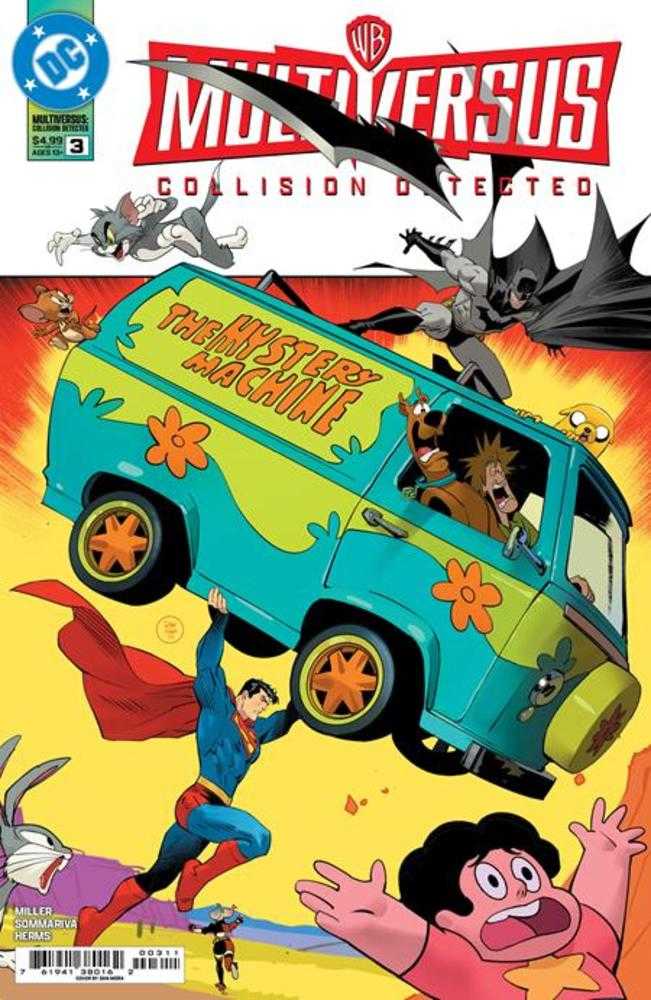 Comic book cover. Batman, Superman, Scooby Doo, and others are featured. Colorful van and yellow background. DC and Warner Bros logos.