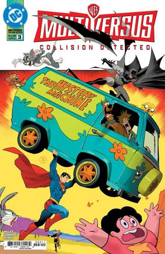 Comic book cover. Batman, Superman, Scooby Doo, and others are featured. Colorful van and yellow background. DC and Warner Bros logos.