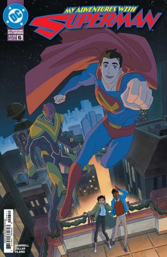 Comic book cover featuring Superman, a masked villain, and two bystanders, set against a cityscape backdrop.